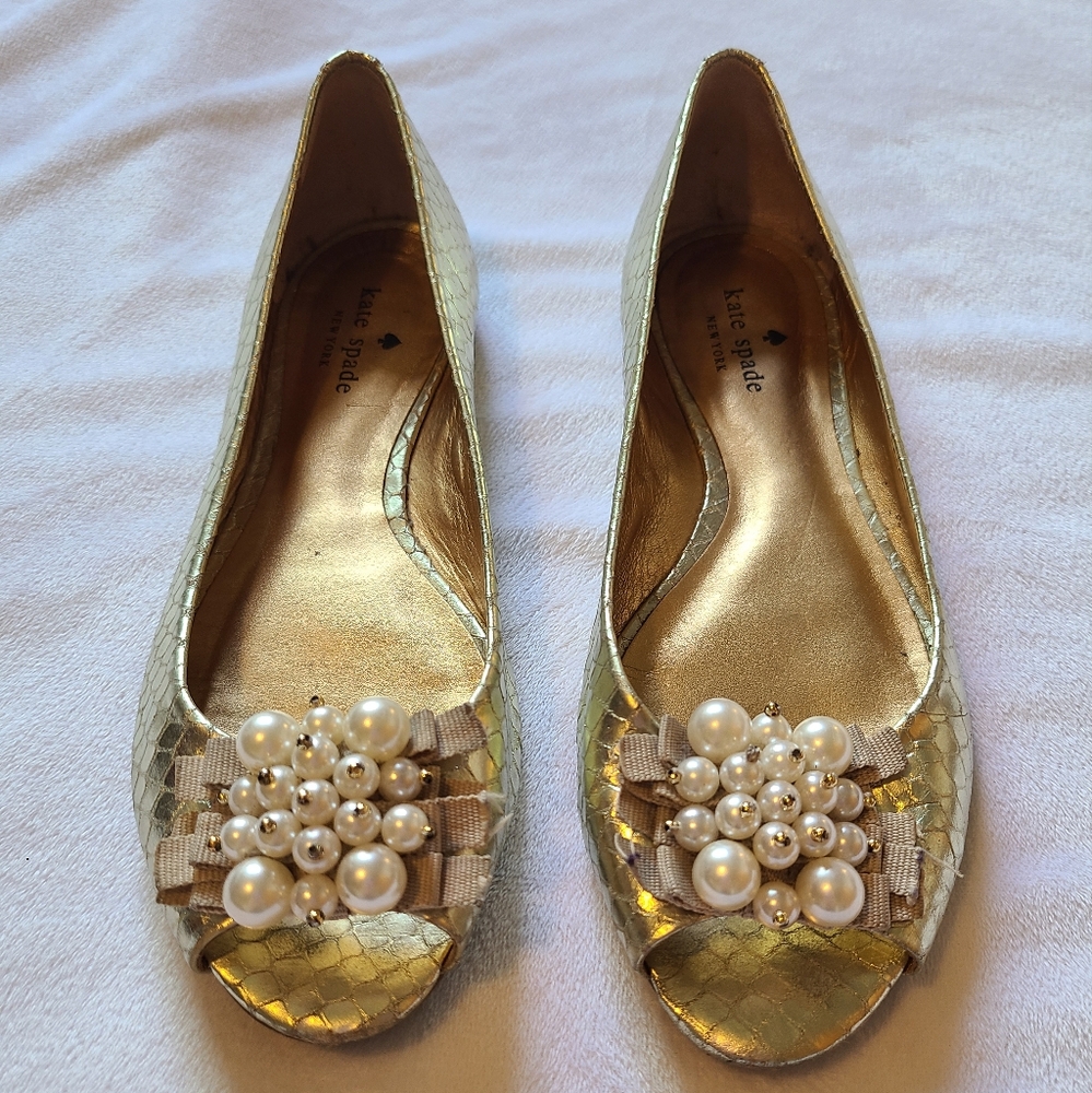 kate spade Gold Leather Peep Toe Flats size 5.5